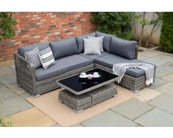 Luxora Modular 5-delige Polyrotan Loungeset – Furnitureland – Tuinmeubel Set met 3-zits Bank, Fauteuil, Hocker en Glazen Salontafel – Weerbestendige Outdoor Lounge Set voor Tuin, Terras & Balkon – Grijs Gemêleerd/Donkergrijs