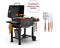 LuxoraLife® Houtskool BBQ – Smoker Barbecue – Verstelbaar Kolenrooster – Zijpanelen – 42×57 cm Grilloppervlak – gratis BBQ set – Zwart
