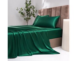 Luxueus Donkergroen Fitted Sheet van Satijn, 140 x 200 cm, Geschikt voor Matrassen tot 30 cm Hoog, Ideaal voor Luxe Slaapervaring