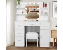 Luxueuze make-uptafel met dimbare verlichting - Kaptafel met spiegel en kruk - 5 laden - 4 planken - 1 kast - 100 x 40 x 140 cm make up tafel