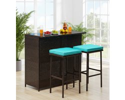 Luxueuze Polyrotan Tuinbar Set met 2 Barkrukken – UV- en Weerbestendig Outdoor Barmeubilair – Moderne Tafel en Comfortabele Zitgroep, Bruin en Blauwgroen – NoviHome