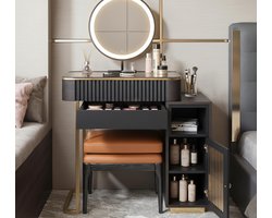 Luxuriöser Schminktisch mit LED Spiegel & Hocker – Ausziehbarer Make-up Tisch mit 4 Schubladen, Beistellschrank & Glasplatte – Moderner Frisiertisch mit Sensorlicht, Schwarz-Gold, 100 x 140 cm HomeByNicole