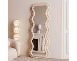 Luxurious Golvende Spiegel 160x60cm - Beige - Flattop Passpiegel - Wavy Mirror - Organische - Asymmetrische vorm - Fluweel Frame - Velvet - Onregelmatige vloerspiegel - Ovale Randen - Modern Design, Wandspiegel, Veiligheidsglas - Staande Spiegel
