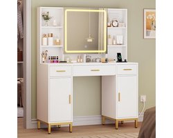 Luxuriöser Schminktisch mit LED-Beleuchtung, Spiegel & Steckdosen | Großer Kosmetiktisch mit 8 offenen Ablagen, 3 Schubladen & 2 Schränken – Weiß | Moderner Frisiertisch für Schlafzimmer & Ankleidezimmer HomeByNicole