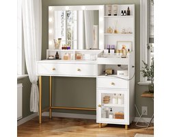 Luxury White Makeup Vanity Table with LED Mirror, USB Charging Ports & 3 Light Modes – Modern Dressing Table with Drawers, Storage Cabinet & Glass Door, 96×40×142 cm HomeByNicole
