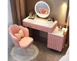 Luxus Schminktisch Set mit LED Spiegel & Stuhl – 100 cm Kosmetiktisch mit Beleuchtung, 3-Farben Smart Licht, Steinplatte, 5 Schubladen & Seitenschrank – Frisiertisch für Schlafzimmer, Frauen & Mädchen – Rosa HomeByNicole