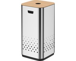 Luzzo® RVS wasmand Glanzend Verchroomd 50 liter met Bamboo Deksel