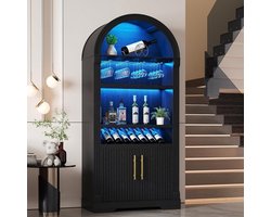 LVSOMT Led-boog, wijnkast, hout, 180 cm, barkast, modern, 3 kleuren licht, 4 rijen rode wijnglazen plank, opbergkast voor 2 deuren, wijnkasten voor keuken, eetkamer, woonkamer, zwart