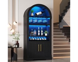 LVSOMT Led-boog, wijnkast, hout, 180 cm, barkast, modern, 3 kleuren licht, 4 rijen rode wijnglazen plank, opbergkast voor 2 deuren, wijnkasten voor keuken, eetkamer, woonkamer, zwart