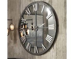 LW Collection spiegel wandklok 60cm - Grote klok met spiegel zwart grijs - spiegelklok - Moderne wandklok - Industriële wandklok