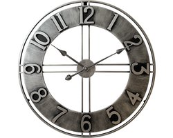 LW Collection wandklok Becka grijs zilver 60cm - grote industriële klok stil uurwerk - Moderne grijze wandklok - Industrieel - Vintage