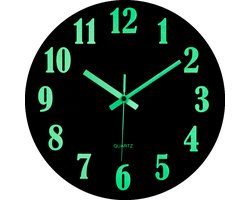 LW Collection wandklok glow in the dark 30cm - keukenklok bruin - wandklok zichtbaar in donker - klok lichtgevend - stille klok