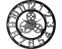 LW Collection Wandklok grijs zwart 40cm - Kleine houten landelijke klok met tandwielen - Industriële wandklok stil uurwerk