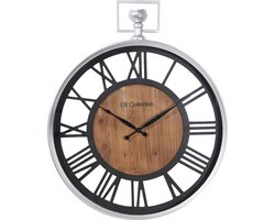 LW Collection wandklok zilver en zwart hout met glasplaat 60cm - Grote glazen muurklok romeinse cijfers - Industriële Houten klok - Moderne wandklok stil uurwerk