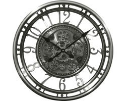 LW Collection wandklok zilver met draaiende tandwielen 54cm - Radar klok zilver met glasplaat - wandklok met bewegende wandwielen