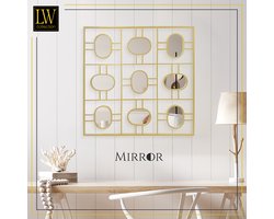 LW Collection Wandspiegel goud vierkant 80x80 cm metaal - grote spiegel muur - industrieel - woonkamer gang - badkamerspiegel - spiegel met kleine spiegels - muurspiegel slaapkamer gouden rand - hangspiegel met luxe design