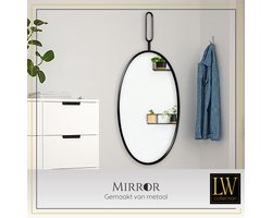 LW Collection wandspiegel zwart rond ovaal 45x96 cm metaal - grote spiegel muur - industrieel - woonkamer gang - badkamerspiegel - muurspiegel slaapkamer zwarte rand - hangspiegel met luxe design