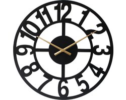 LW Collection XL Jannah moderne wandklok zwart met gouden wijzers 80cm - Grote industriële muurklok metaal - Zwarte klok industrieel