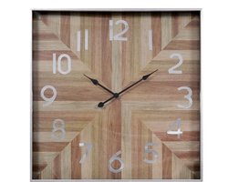 LW Collection XL wandklok zilver hout vierkant met glas 80cm - Grote moderne houten zilverkleurige glazen muurklok - Houten klok vierkant stil uurwerk - Wandklok hout glas