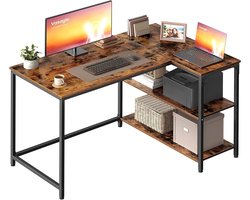 LWD135KD01 L-vormig hoekbureau, computergamingbureau met opbergruimte, omkeerbaar, in hoogte verstelbare planken, voor thuiskantoor, 110 x 80 cm, rustiek bruin