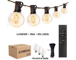 Lynexa G40 - Lichtsnoer Buiten - 15m - 25 LED Warm Wit 2700K - Kerstverlichting voor Buiten - IP44 Waterdicht - Energiezuinig - Koppelbaar - Dimbaar met Afstandsbediening - Sfeervolle Winter Prikkabel - Tuinverlichting - 3 Extra Lampjes