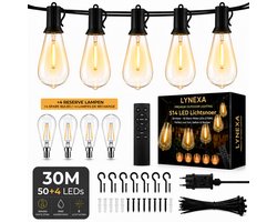 Lynexa® S14 - Lichtsnoer Buiten - 30m - 50 Grote Edison LED Lampen - Warm Wit 2700K - Tuinverlichting - IP44 Waterdicht - Koppelbaar - Dimbaar met Afstandsbediening - 3 Lichtmodi - Kerstverlichting voor Buiten - 4 Extra Lampjes