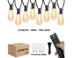 Lynexa ST38 - Lichtsnoer Buiten - 30m - 50 LED Warm Wit 2700K - Kerstverlichting voor Buiten - IP44 Waterdicht - Energiezuinig - Koppelbaar - Dimbaar met Afstandsbediening - Sfeervolle Winter Prikkabel - Tuinverlichting - 4 Extra Lampjes