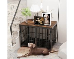 Lynly - Hondenkooi met houten plank maat M zwart - Bench metaal en hout - Kennel Bijzettafel - Honden bench meubel - met 3-deuren