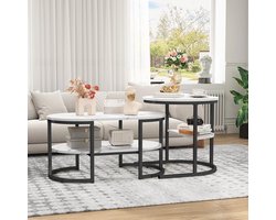 Lynly - salontafel set van 2, 2-in-1 tafel - Uitschuifbaar - Ruimtebesparend - Metaal en Marmer, Wit - Los en al set te gebruiken