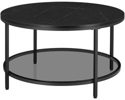 Lynly - salontafel woonkamertafel zwart met glazen onderblad - salontafel rond - Marmerlook Metaal Glas - Verstelbare voeten