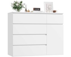 Lynly - witte ladekast slaapkamer met 5 lades 1 deuren, Dressoir hout - ladenkast - slaapkamer - opbergkast met lades - commode