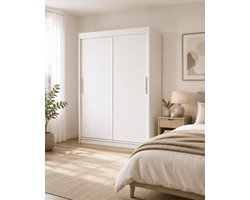 Lynox schuifdeurkast 150 cm – witte kledingkast voor slaapkamer, hal of kleedkamer – met 2 schuifdeuren, 6 legplanken, kledingroede en aluminium geleiderails – 150x200x58 cm - Wit