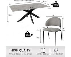 LYON Uitschuifbare Eettafel Set met 6 Grijze Luxe Stoelen - Modern Industrieel Design - Grijs Betonlook & Zwarte Spinpoot - 130-170 x 85 x 76 cm