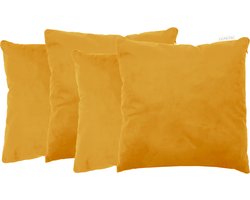 Lyonette - Set van 4 Sierkussens - Velvet - Mosterd Geel - INCLUSIEF BINNENKUSSENS - Kussens Woonkamer - Sierkussens 45x45 cm - Sierkussenhoes