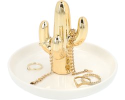 LYVION Sieradenschoteltje met cactus / Sieradenschaaltje voor kettinkjes, armbandjes en ringen / Makkelijk je sieraden opbergen - Wit en goud