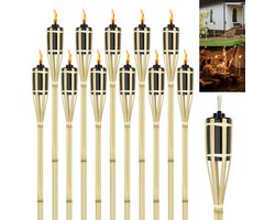 LZQ 12 Stuks Bamboe Tuinfakkels Bamboe Fakkels Voor Buiten Tuinfakkel Natuurlijke Sfeervolle Fakkel Olie Fakkels Tuin Hoogte 90 Cm Met Doekje Lampenolie Voor Fakkels Nakkervulbaar Tuindecor Olie Lamp