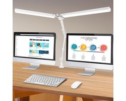 Lzwintrading Bureaulamp led - Bureau Lamp - Bureaulamp met Klem - Bureaulamp led Dimbaar - Dubbele Kop - 3 Kleuren 12W - Oogbescherming - Opvouwbare Tafellamp voor Kantoorverlichting - Wit