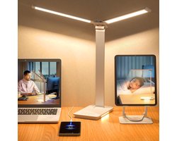 Lzwintrading Bureaulamp led - Bureaulamp led Dimbaar - Dubbele Kop - 5 Helderheidsniveaus - 5 Kleurmodi - Oogbescherming - Opvouwbare Tafellamp voor Kantoorverlichting - Wit