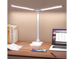 Lzwintrading Bureaulamp led Dimbaar - Bureaulamp Kind - Dubbele Kop - 10 Helderheidsniveaus - 5 Kleurmodi - Oogbescherming - Opvouwbare Tafellamp voor Kantoorverlichting - Wit