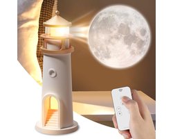 Lzwintrading - Nachtlampje Kinderen Oplaadbaar - Nachtlampje Baby - Tafellamp Slaapkamer - Lamp Nachtkastje - Nachtlampje Projector Maan met Afstandsbediening - Vuurtorenlamp Ledlicht