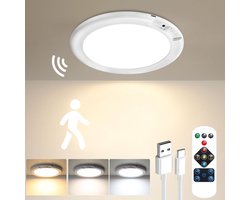 Lzwintrading - Plafondlamp met Bewegingssensor - LED Plafonniere - Oplaadbare Draadloze Batterijlamp - 7,5-inch Dimbaar Badkamerlamp met Afstandsbediening - Plafond Lamp - Plafondlampen voor Badkamer Slaapkamer Kinderkamer Woonkamer Rond Wit - Ø19cm
