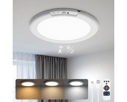 Lzwintrading - Plafondlamp met Bewegingssensor - LED Plafonniere - Oplaadbare Draadloze Batterijlamp - 7,5-inch Dimbaar Badkamerlamp met Afstandsbediening - Plafond Lamp - Plafondlampen voor Badkamer Slaapkamer Kinderkamer Woonkamer Rond Wit - Ø19cm