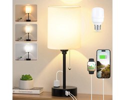 Lzwintrading Tafellamp Slaapkamer - Bureaulamp - Dimbare Bedlampje - Tafellamp met USB A/C Oplaadpoort en Stopcontact - Inclusief LED-lamp - Met Wit Linnen Lampenkap - 3 Verstelbare Helderheden - Tafellampen Woonkamer
