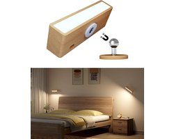 Lzwintrading Wandlamp Binnen - Wandlamp Oplaadbaar - Wandlampen - Wandlamp Slaapkamer - LED Wandlamp Draadloos met 3 Kleurmodi - 360° Draaibare Houten Oplaadbare Wandlamp voor Slaapkamer