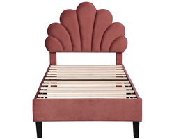 M-Goods - Eenpersoonsbed 90x200 - Fluwelen Bedframe met Bloem Hoofdbord - Kinderbed / Volwassenen - Lattenbodem Inclusief - Wit