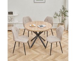 M-Goods - Ronde Eettafel met 4 Stoelen - Eetkamerset Industrieel - Keukentafel Rond 100 cm - Beige/Zwart