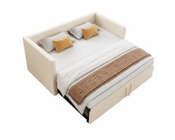M-Goods - Slaapbank 2 Persoons met Uitschuifbaar Bed 180x200 cm – Beige Fluwelen Bedbank met Lattenbodem – Modern Logeerbed voor Kleine Ruimtes