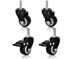 M8 Meubelwielen Heavy Duty - Set van 4 zwenkwielen met M8 schroefdraad voor meubels - Zware belasting rubberen zwenkwielen - Inclusief 2 wielen met rem en 2 zonder remmen
