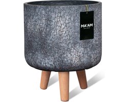MAAM Pottery Eden bloempot op standaard - D27xH32 - Grijs - Stoere Plantenpot - Modern - Houten Poten (FSC)