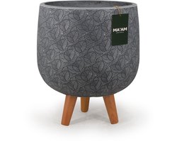 MA'AM Pottery Lara bloempot op poten D29xH25 - grijs - Luxe sierpot op houten pootjes - uniek bladpatroon - Urban Jungle